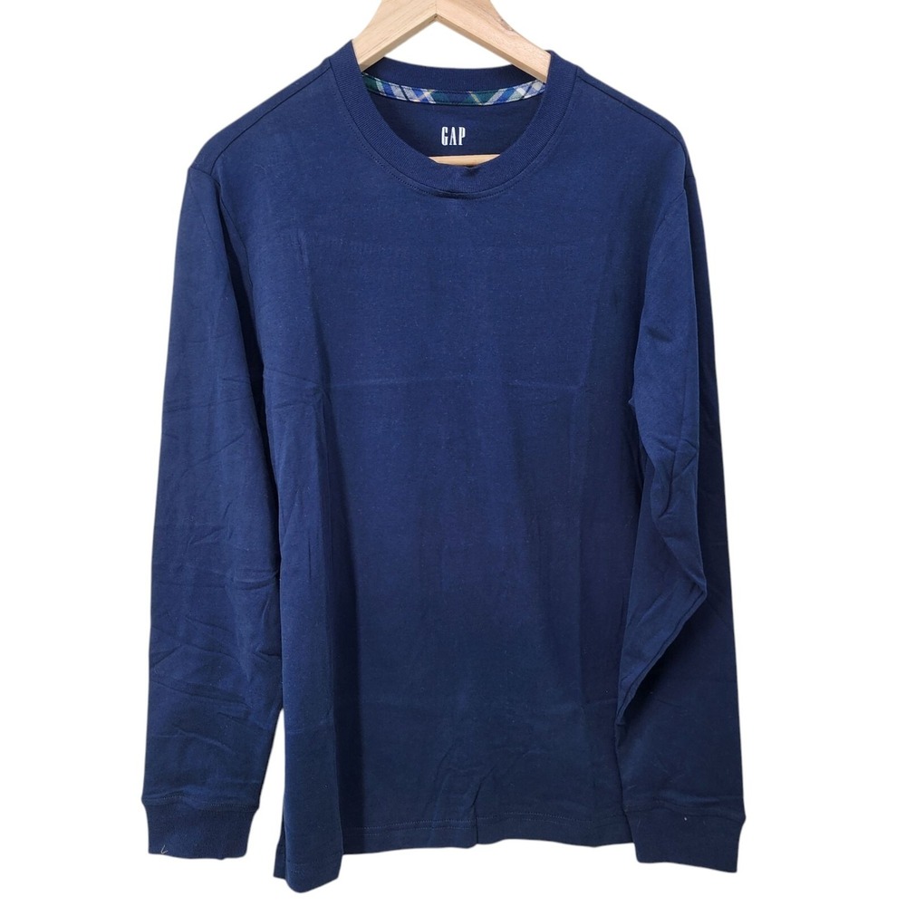 GAP Long Sleeve PJ T-Shirt Men S Midnight‎ Blue Plaid Trim Crew Neck Cotton NWT